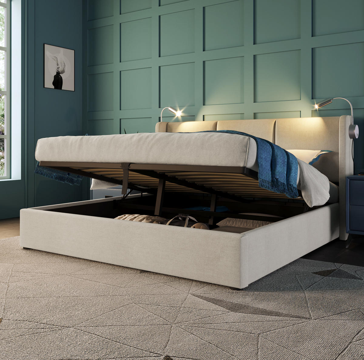 POLSTERBETT 140/200 cm mit hydraulischem Bettkasten, Leselicht & USB-Ladefunktion, Beige - Beige, Textil (140/200cm) - Redom