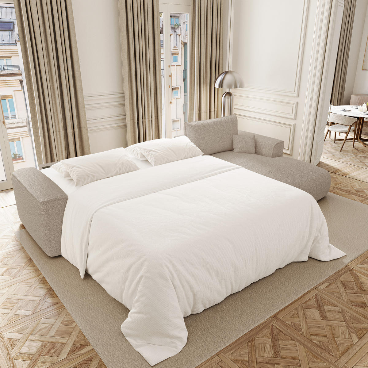 ECKSOFA rechtwinklig COMO Bouclé-Stoff Beige 300cm - Beige, Textil (300/165cm) - Premium Interiors
