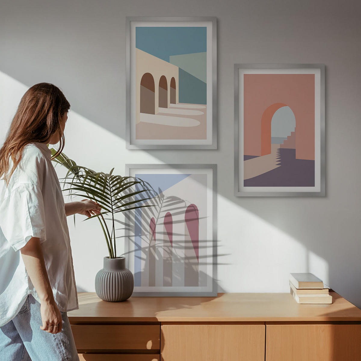 WANDBILDER 3er Set - 40x60 cm Silberner Rahmen - Architekturgrafiken in Pastellfarben - Silberfarben, Kunststoff (40/60cm) - ArtPrintCave