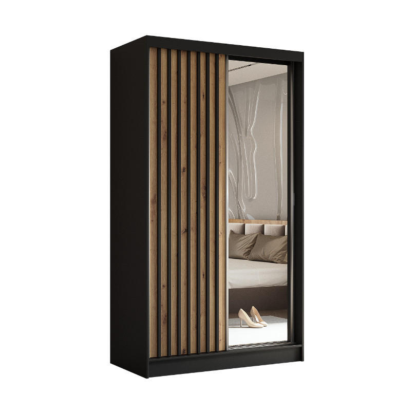 SCHWEBETÜRENSCHRANK Erika 120 cm mit Lamellen und Spiegel 2-türig, schwarz, Artisan, Lamelle schwarz - Schwarz, Kunststoff (120/216/51cm) - Margaret Hadas24