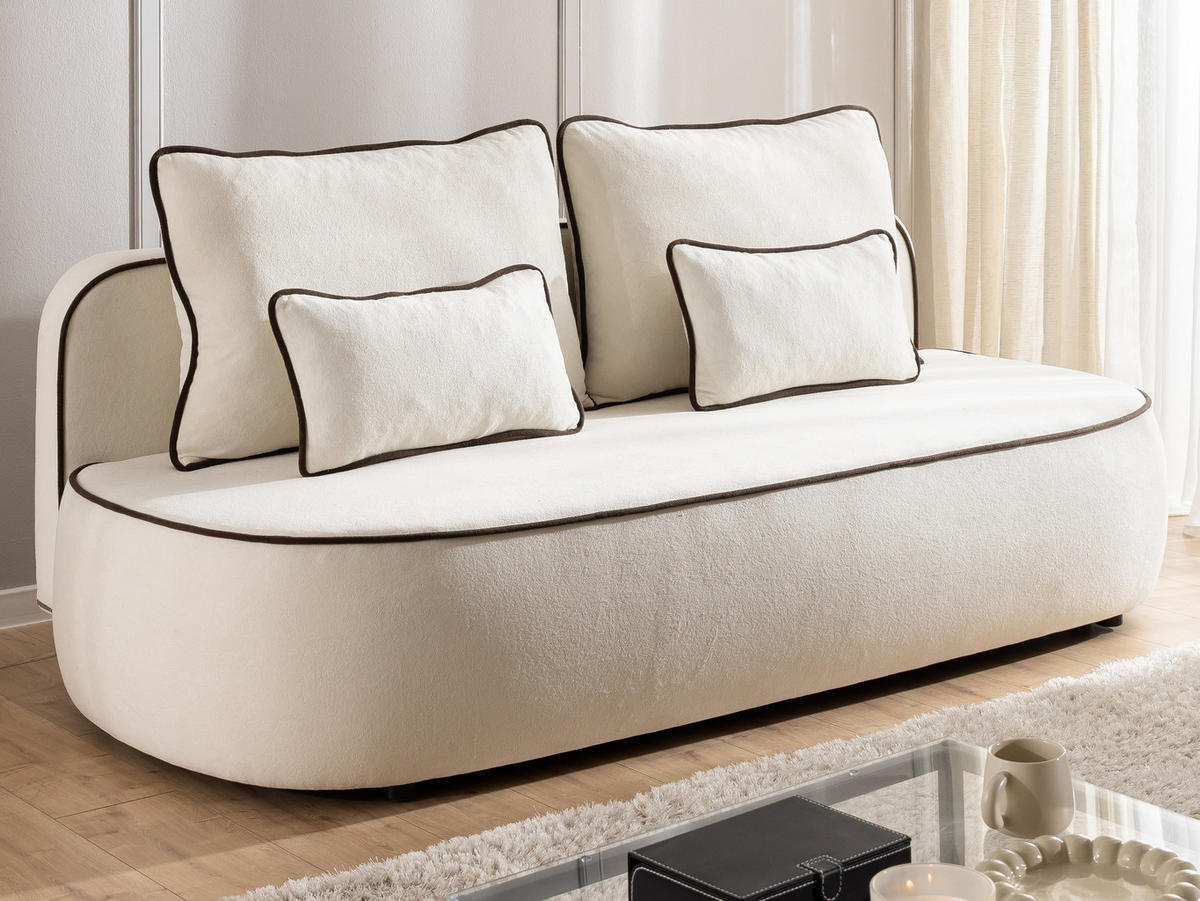 SCHLAFSOFA Vero im modernen und abgerundeten Design mit Bettkasten aus Creme Plüschstoff mit brauner Paspel - Creme/Schwarz, Holz/Kunststoff (210/90/98cm) - S-Style Möbel