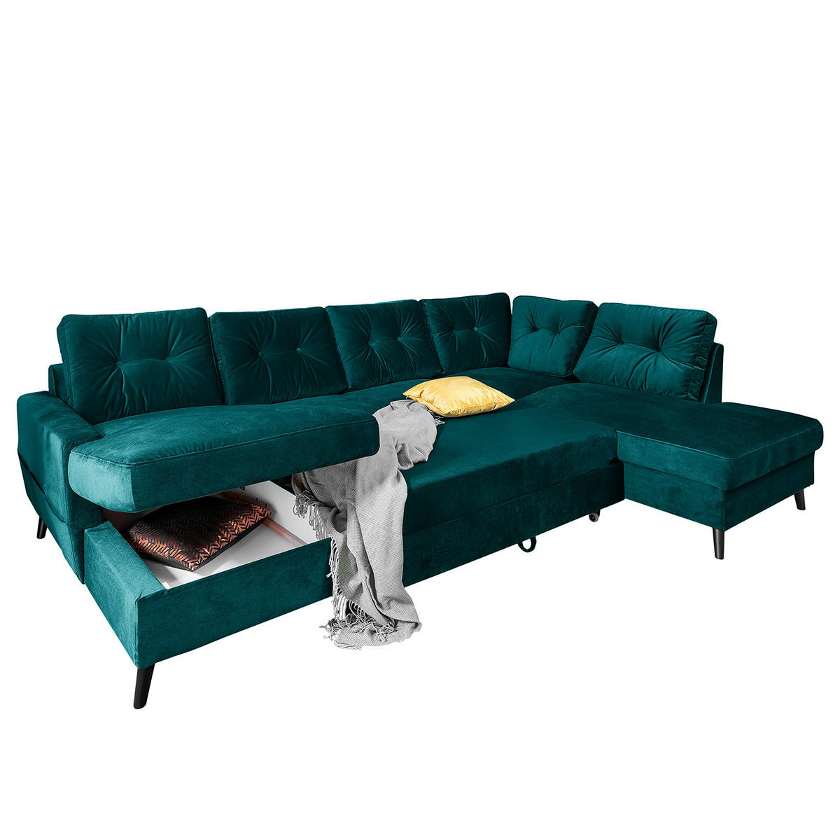 WOHNLANDSCHAFT mit Longchair - Petrol/Schwarz, Buchenholz/Textil (297/90/200cm) - home24