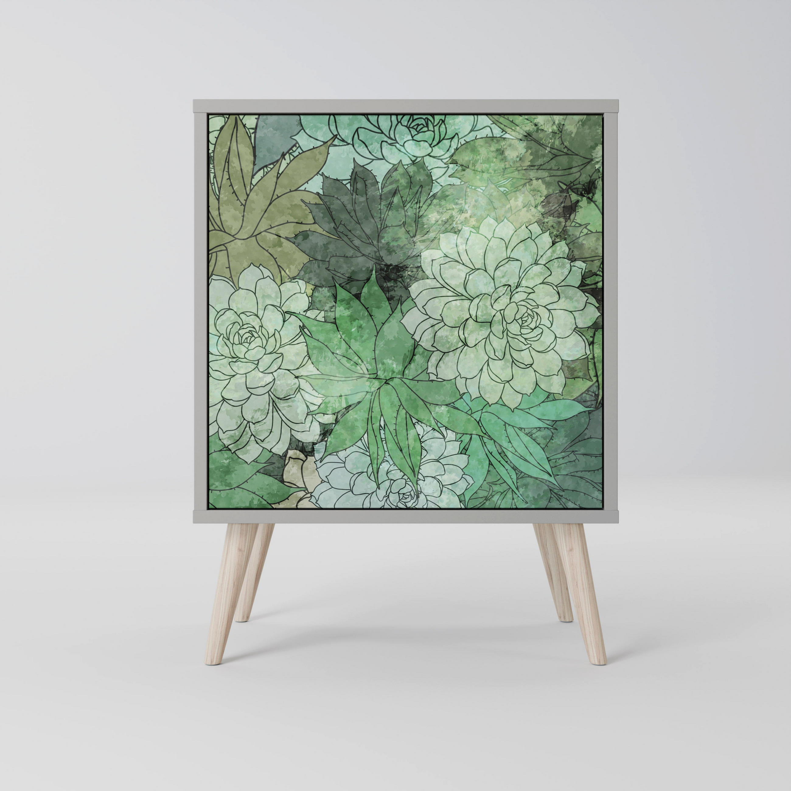 SIDEBOARD SUCCULENT CLUSTER, Grau, 57,5x42x77,5 cm, Schräge Buchenholzfüße - Buchefarben/Multicolor, Holzwerkstoff/Buchenholz (57.5/77.5/42cm) - SpaceRebels