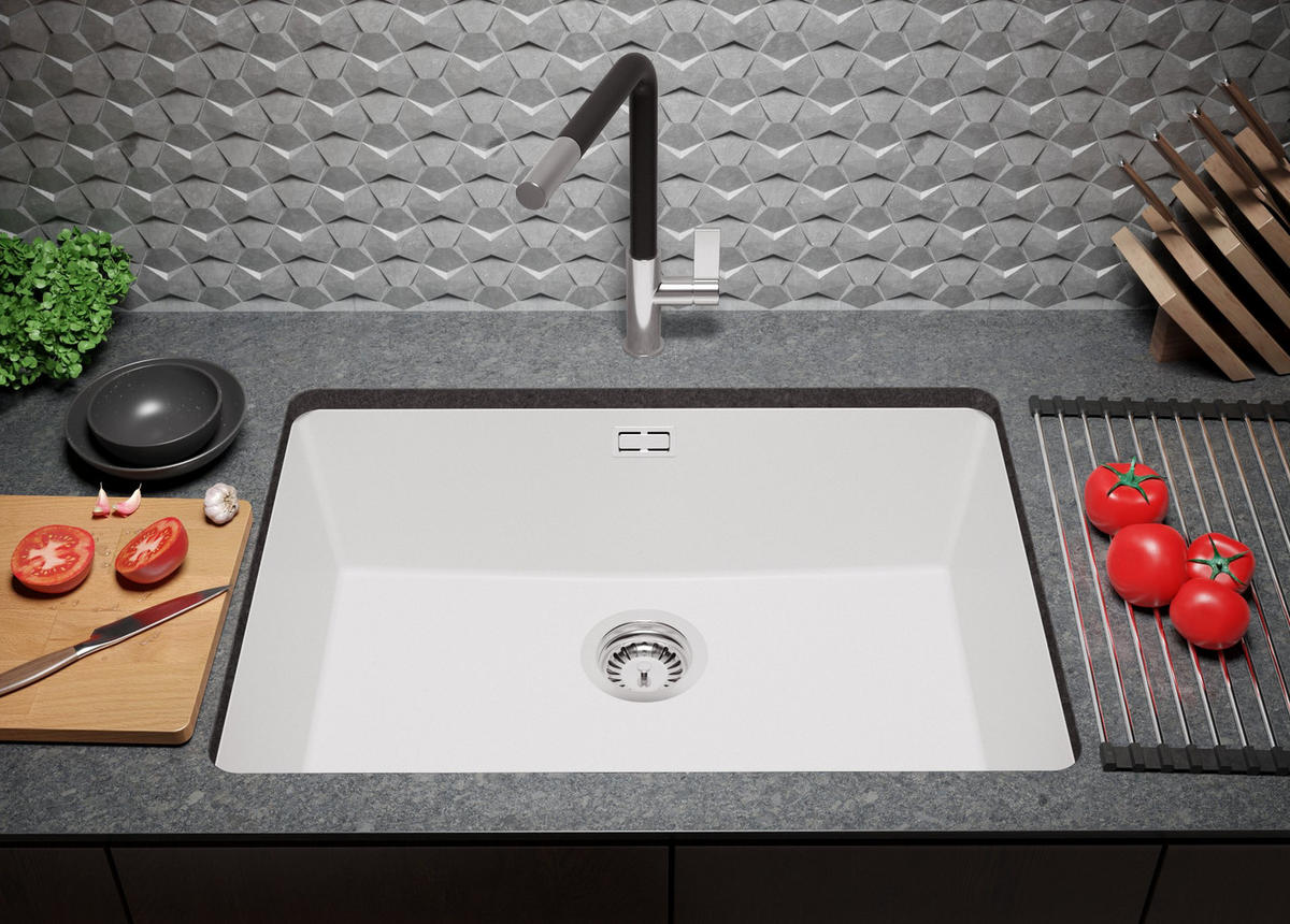 UNTERBAUSPÜLE GRANIT London, 2-er set Weiß 66/47 cm 1 Becken + Küchenarmatur 32/20 cm + Ablauf-Set ab 70er Unterschrank - Chromfarben/Weiß, Kunststoff (66/20/47cm) - Primagran