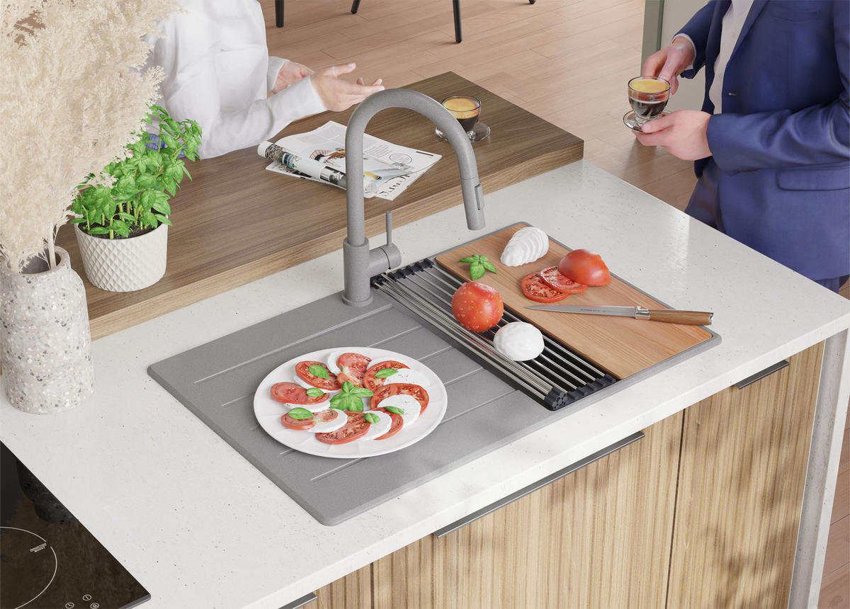 GRANITSPÜLE Kopenhagen, 2-er set Grau 78/50 cm 1 Becken + Küchenarmatur 40/20 cm + Ablauf-Set + Schneidebrett ab 45er Unterschrank - Chromfarben/Beige, Kunststoff (78/20/50cm) - Primagran