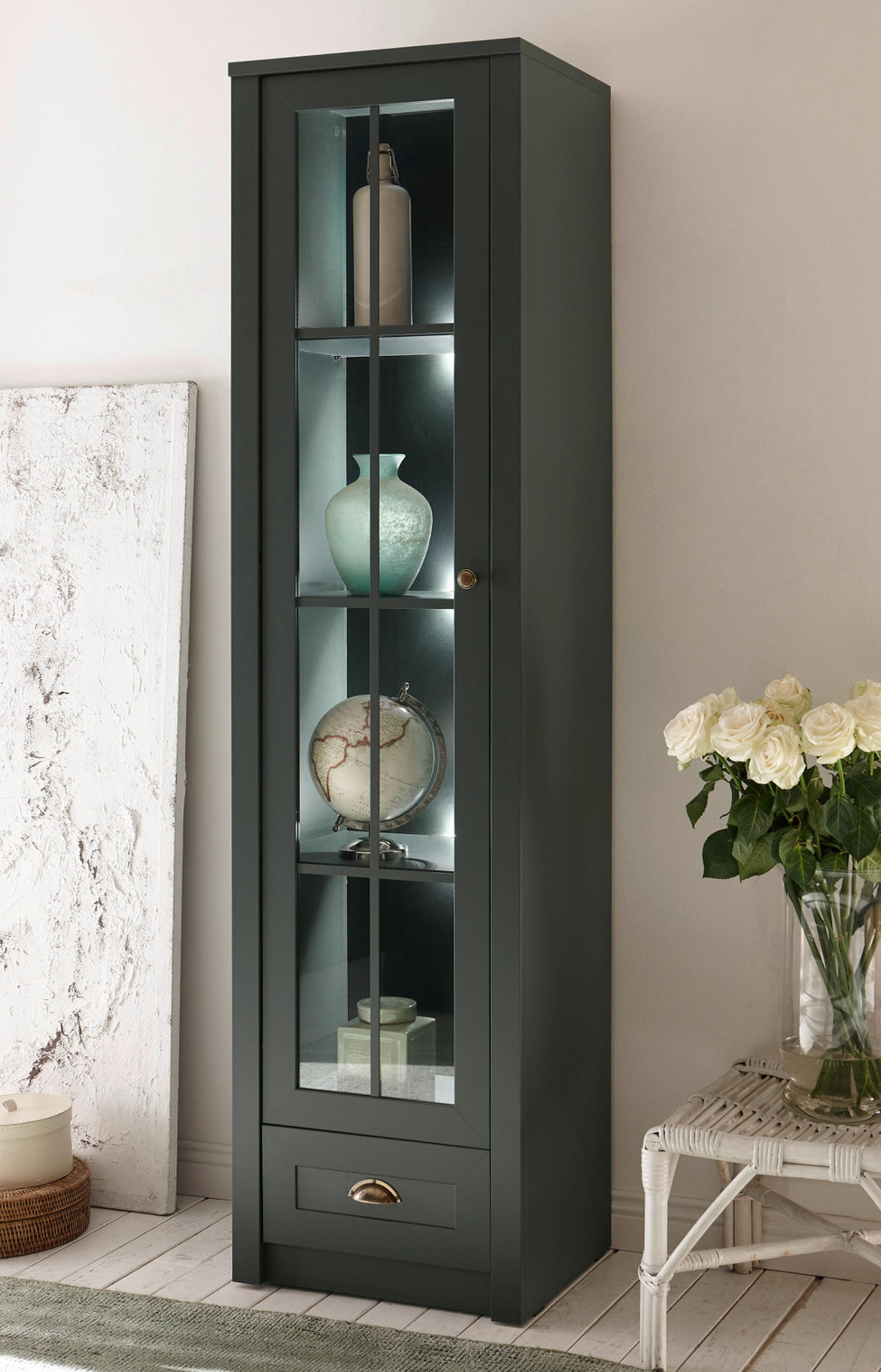 VITRINE grün Landhaus 50 x 197 cm, Vitrinenschrank für Wohn- und Esszimmer - Chromfarben/Schwarz, Glas/Holz (50/197/43cm) - Furn.Design