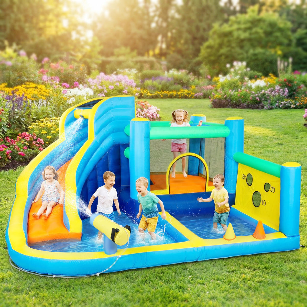 HÜPFBURG DE-18571 8-in-1 mit Gebläse, Wasserspielzeug & Trampolin - Multicolor, Kunststoff (350/320/190cm) - ComfortXL