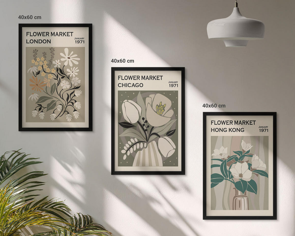 BILDER SET 3er Set - 40x60 cm Schwarzer Rahmen - Blumenmessen London Chicago Hongkong - Schwarz, Kunststoff (40/60cm) - TULUP