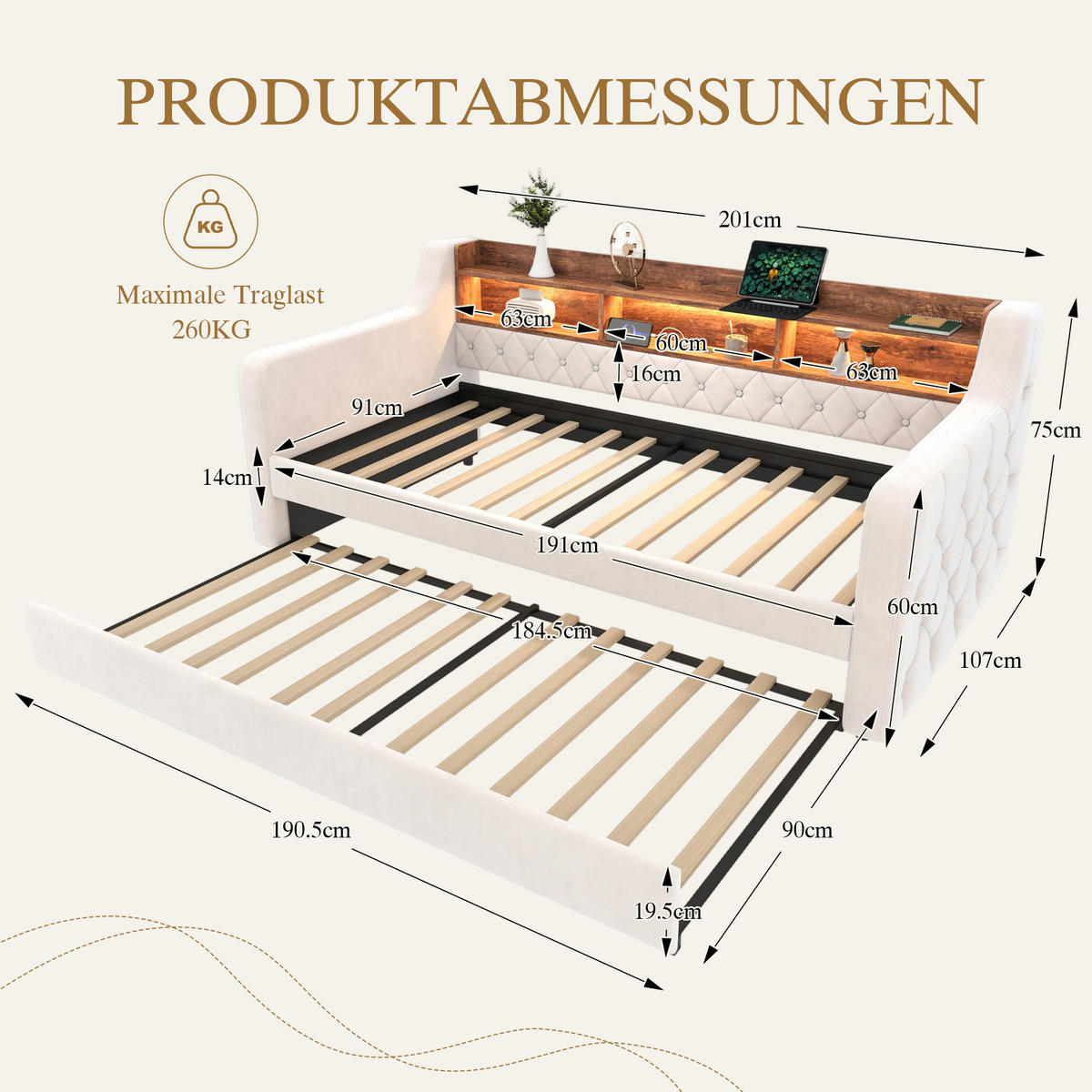 BETT 90/190 cm aus Samt mit Stauraum LED-Ambiente & USB-Type-C-Anschluss Beige - Beige, Textil (90/190cm) - OKWISH