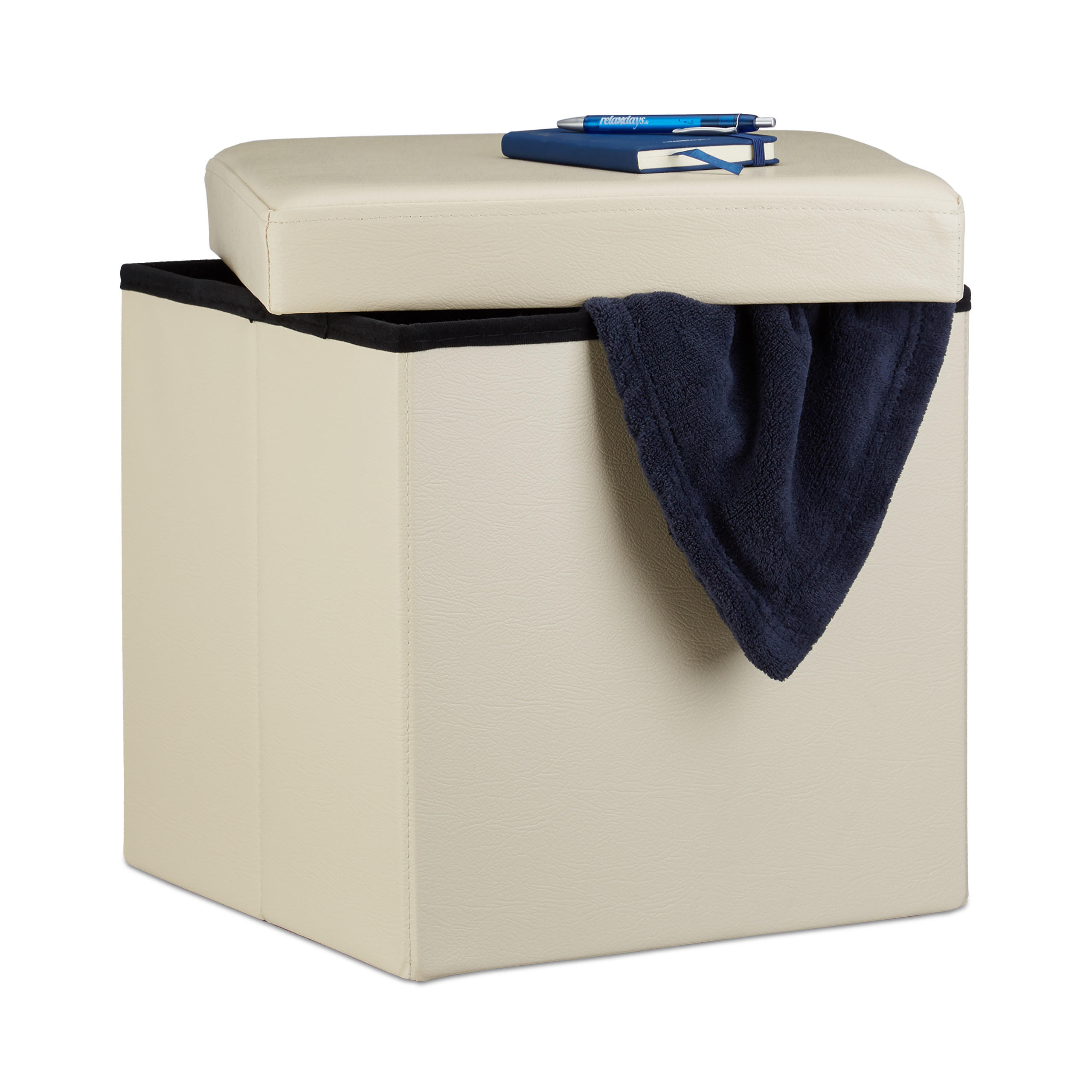 FALTBARER Sitzhocker - Creme, Holzwerkstoff/Kunststoff (38/38/38cm) - Relaxdays