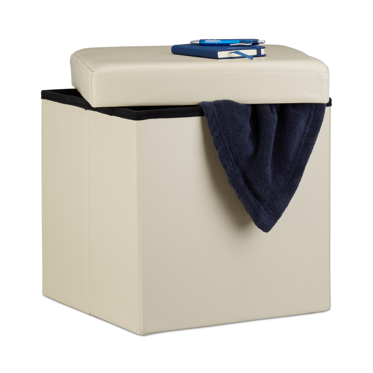 FALTBARER Sitzhocker - Creme, Holzwerkstoff/Kunststoff (38/38/38cm) - Relaxdays