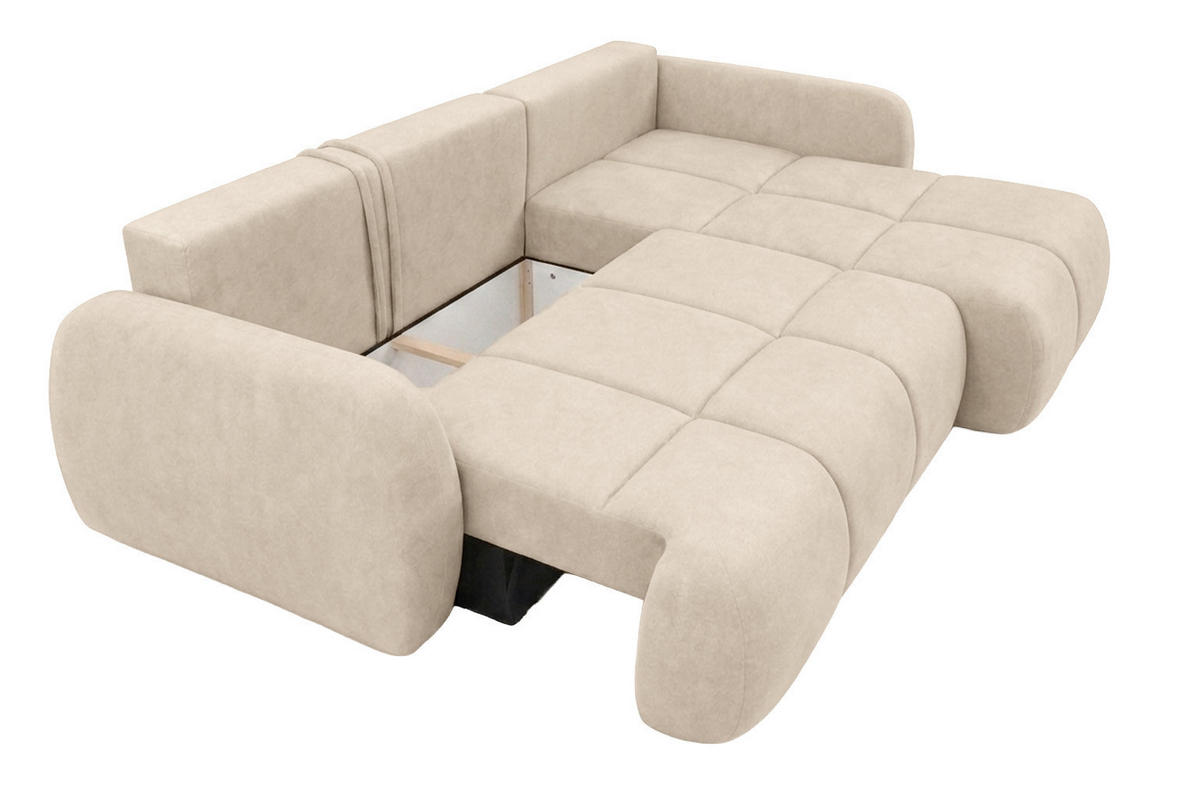 ROHOVÁ SEDAČKA s rozkládací funkcí a úložným prostorem, sametová látka Bluvel, Krémová, Pravá, COCO - krémová, dřevo (275/180cm) - Kaiser Möbel