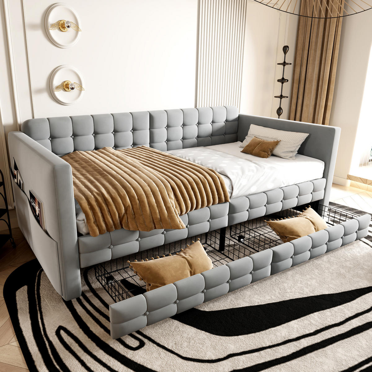 POLSTERBETT 90/190 cm aus Samt mit Stauraum, Hellgrau - Hellgrau, Textil (90/190cm) - OKMYHOME