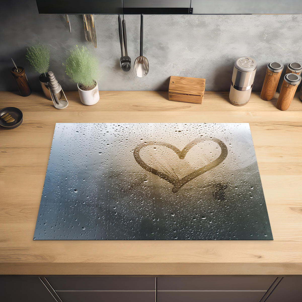HERDABDECKPLATTE Herz - Kondenswasser - Wasser - 3D Herdabdeckung Induktionsfeld 75x52 cm - Grau, Kunststoff (75/52/0.2cm) - MuchoWow