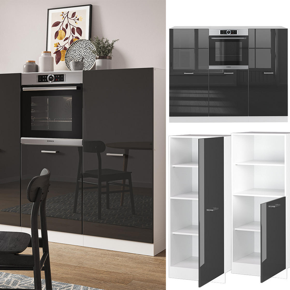 KÜCHENBLOCK R-Line Anthrazit Hochglanz/Weiß 180 cm ohne AP - Anthrazit/Weiß, Holzwerkstoff (180/81.6/46cm) - Vicco