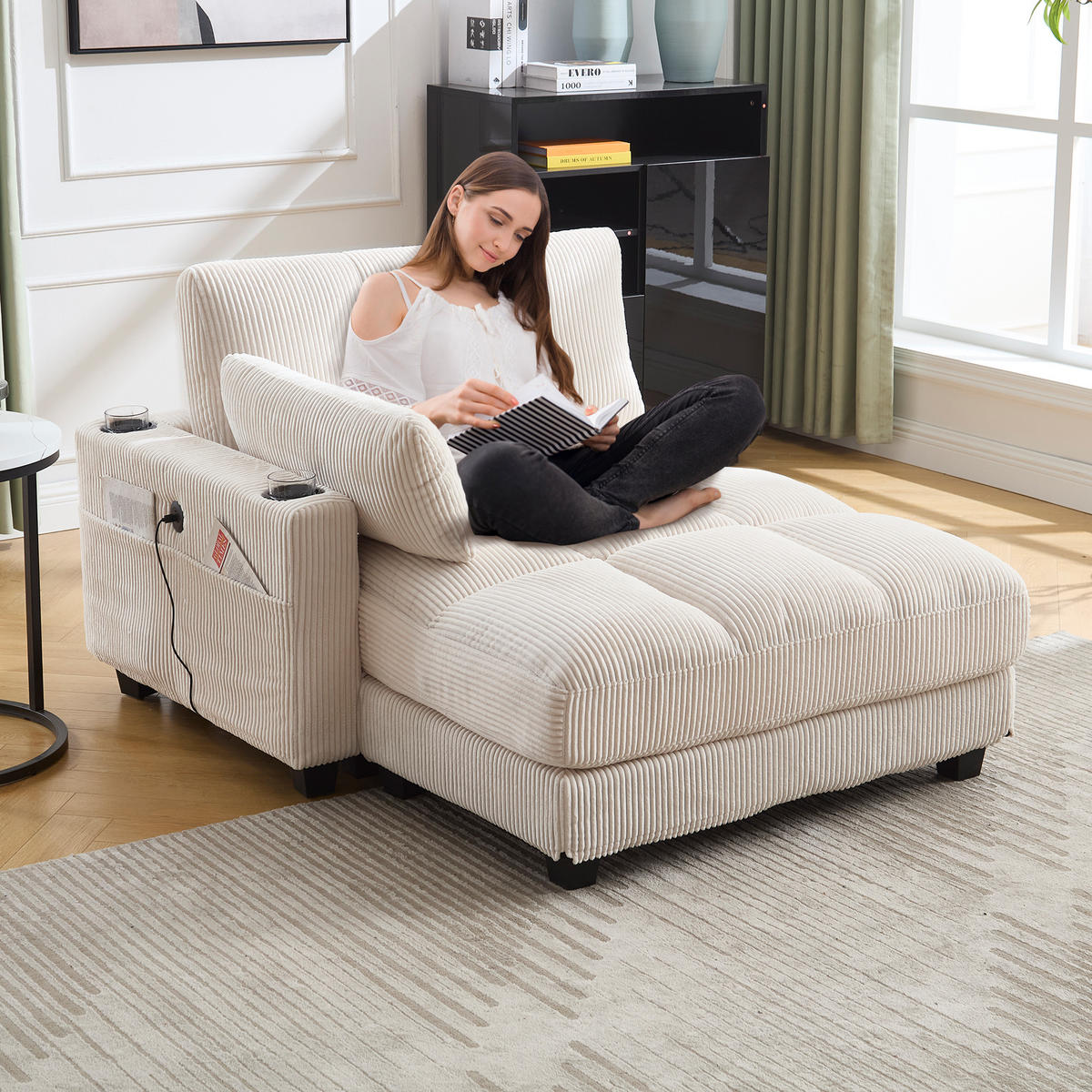 RÉCAMIERE Cord Beige mit USB, Getränkehaltern und Seitentasche - Beige, Holzwerkstoff/Kunststoff (140/81/121cm) - WISHDOR