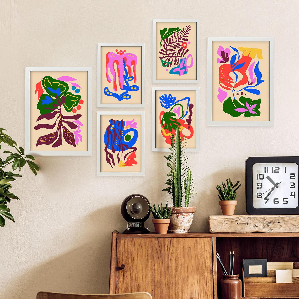 POSTER Set Mit 6 Malerisch 2 In Blume Zusammenfassung Ästhetische Dekorative Gemälde Für Ihr Wohnzimmer, Schlafzimmer, Zuhause A3 & A4 Weißer Rahmen - Weiß, Papier (29/3cm) - Nacnic
