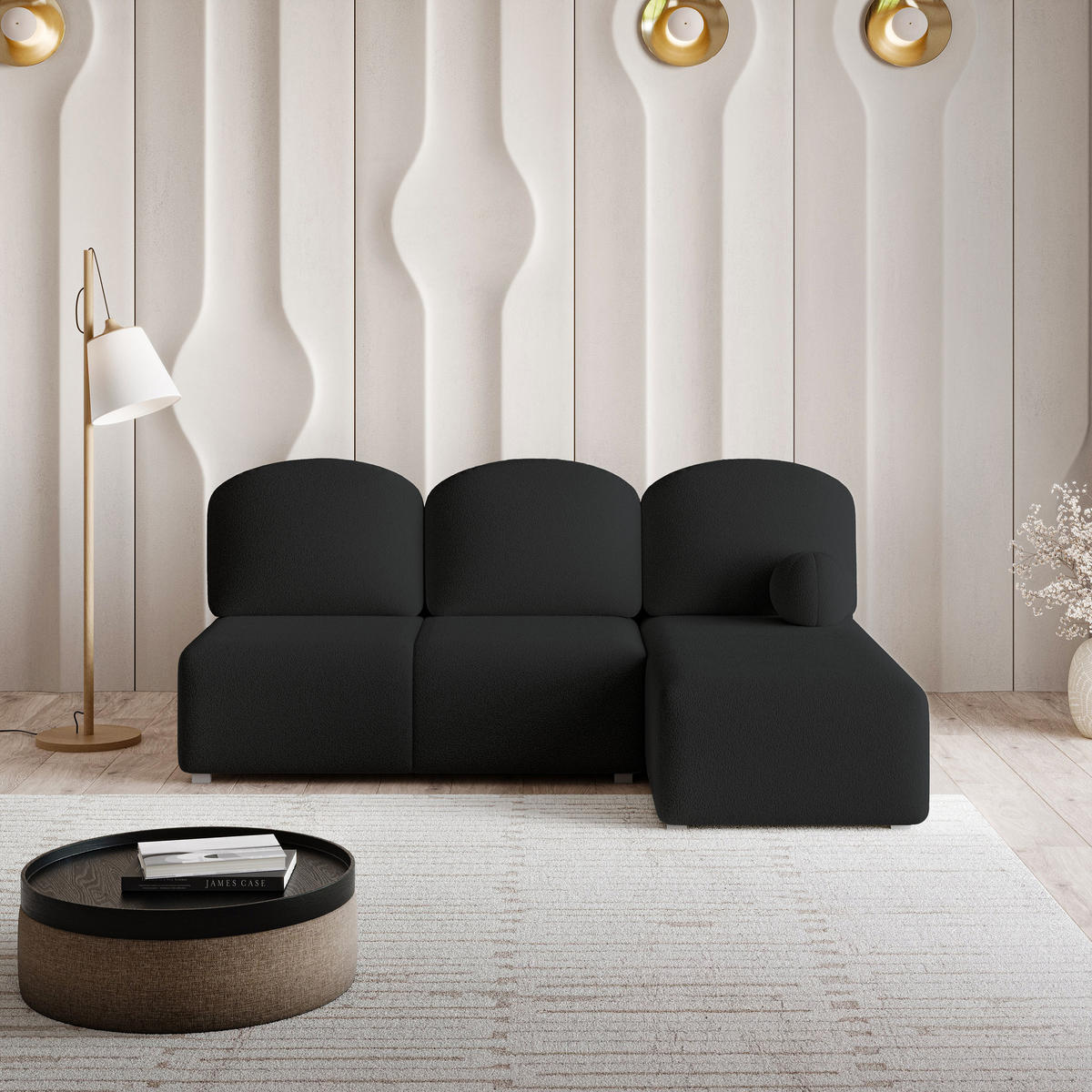 ECKSOFA TRAMA Schwarz Boucle-Stoff mit Schlaffunktion - Schwarz, Holz (200/143cm) - MASSENO