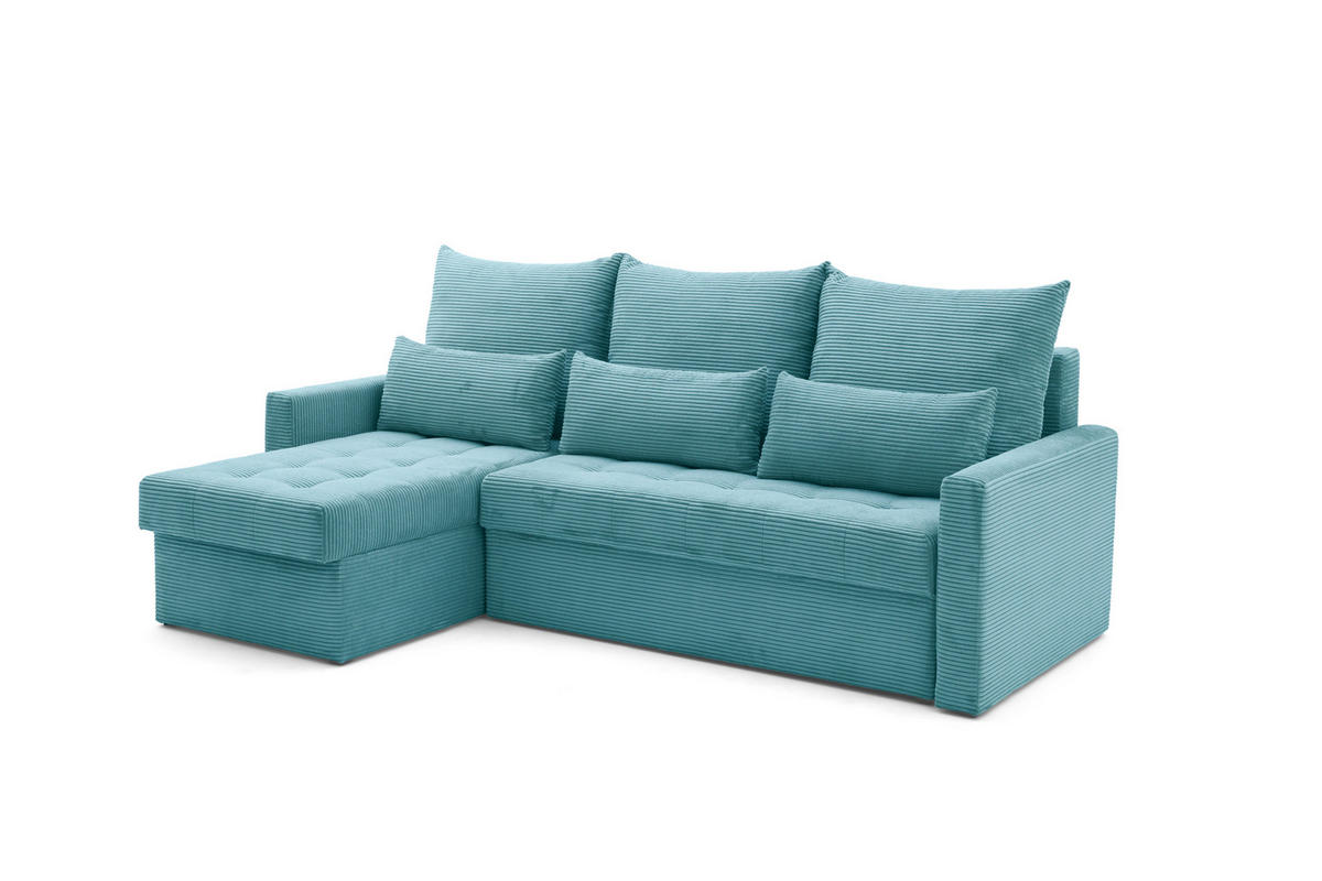 ECKSOFA PULA L Links mit Schlaffunktion 132x198 Cord Blau - Blau/Schwarz, Holz/Kunststoff (214/145cm) - Muffo