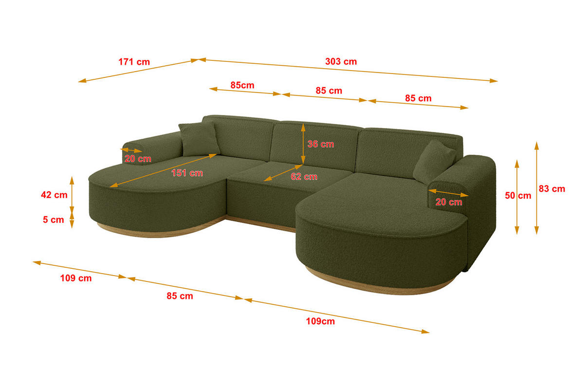WOHNLANDSCHAFT MARI-U1-v2 - 303x171x83 cm Grün Bouclé - Grün, Holzwerkstoff/Textil (303/83/171cm) - ALTDECOR