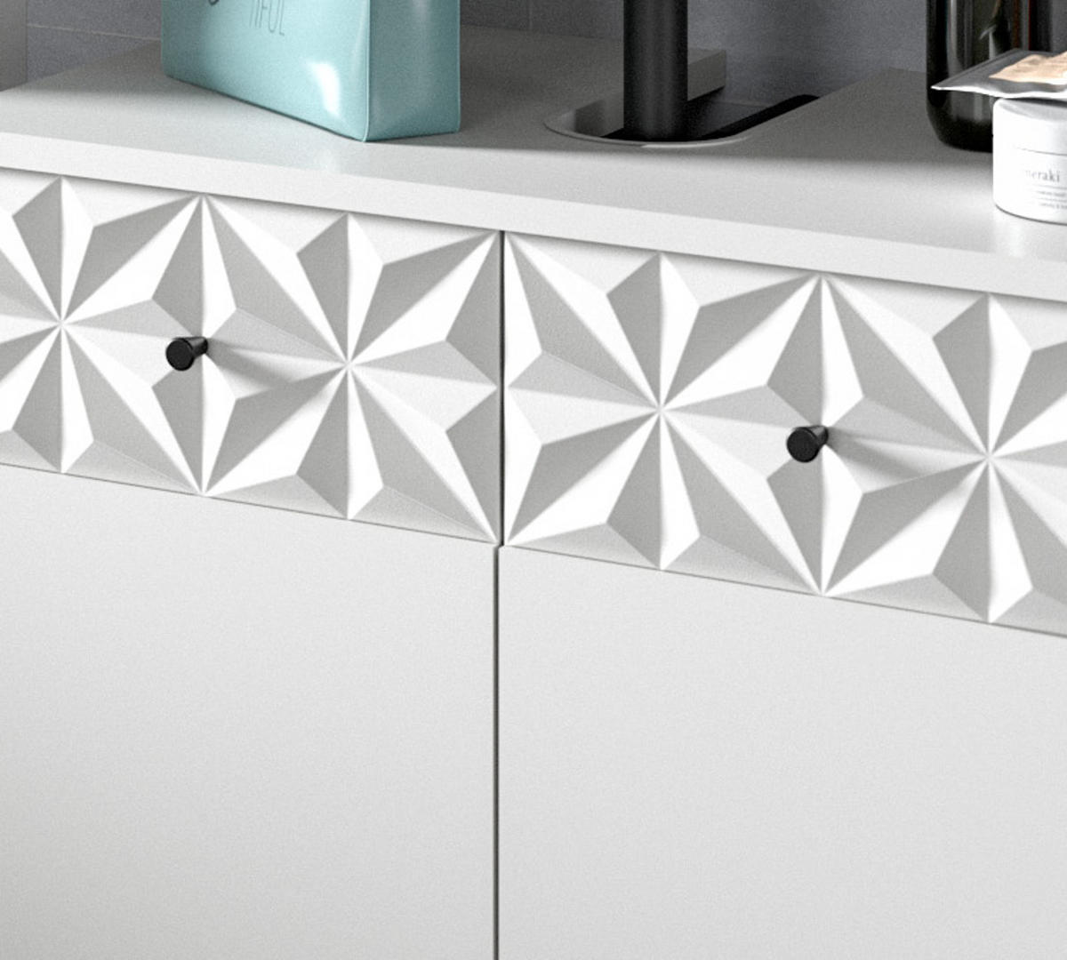 WASCHBECKENUNTERSCHRANK weiß Hochglanz 60 cm, Badschrank mit 3D-Struktur - Weiß Hochglanz/Schwarz, Holzwerkstoff/Kunststoff (60/54/34cm) - Inn.Furn