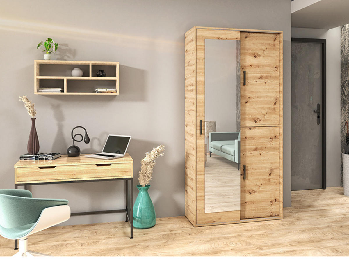 GARDEROBENSCHRANK Vanessa II 100 cm mit Spiegel, eiche artisan - Eiche Artisan, Kunststoff (100/205/40cm) - Margaret Hadas24
