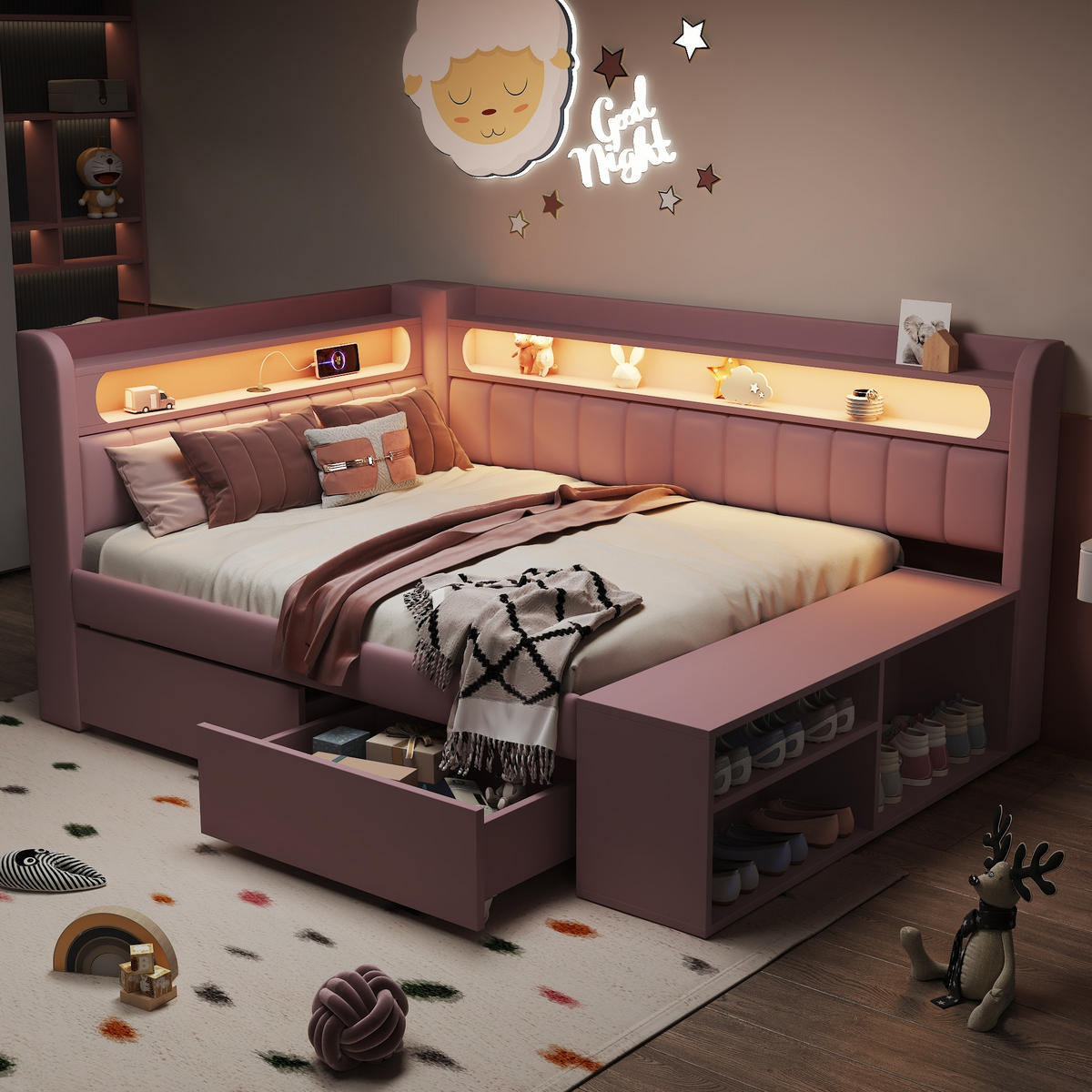 ČALÚNENÁ posteľ 90/200 cm ružová z MDF a preglejky s LED osvetlením USB a skrinkou na topánky - biela, kompozitné drevo (90/200cm) - OKWISH