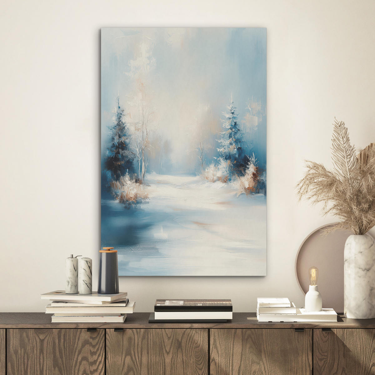 AKUSTIKBILD Wald - Winter - Natur - Abstrakt - Schnee Kunstdruck Schlafzimmer 50x70 cm - Weiß, Kunststoff (50/70/0.9cm) - MuchoWow