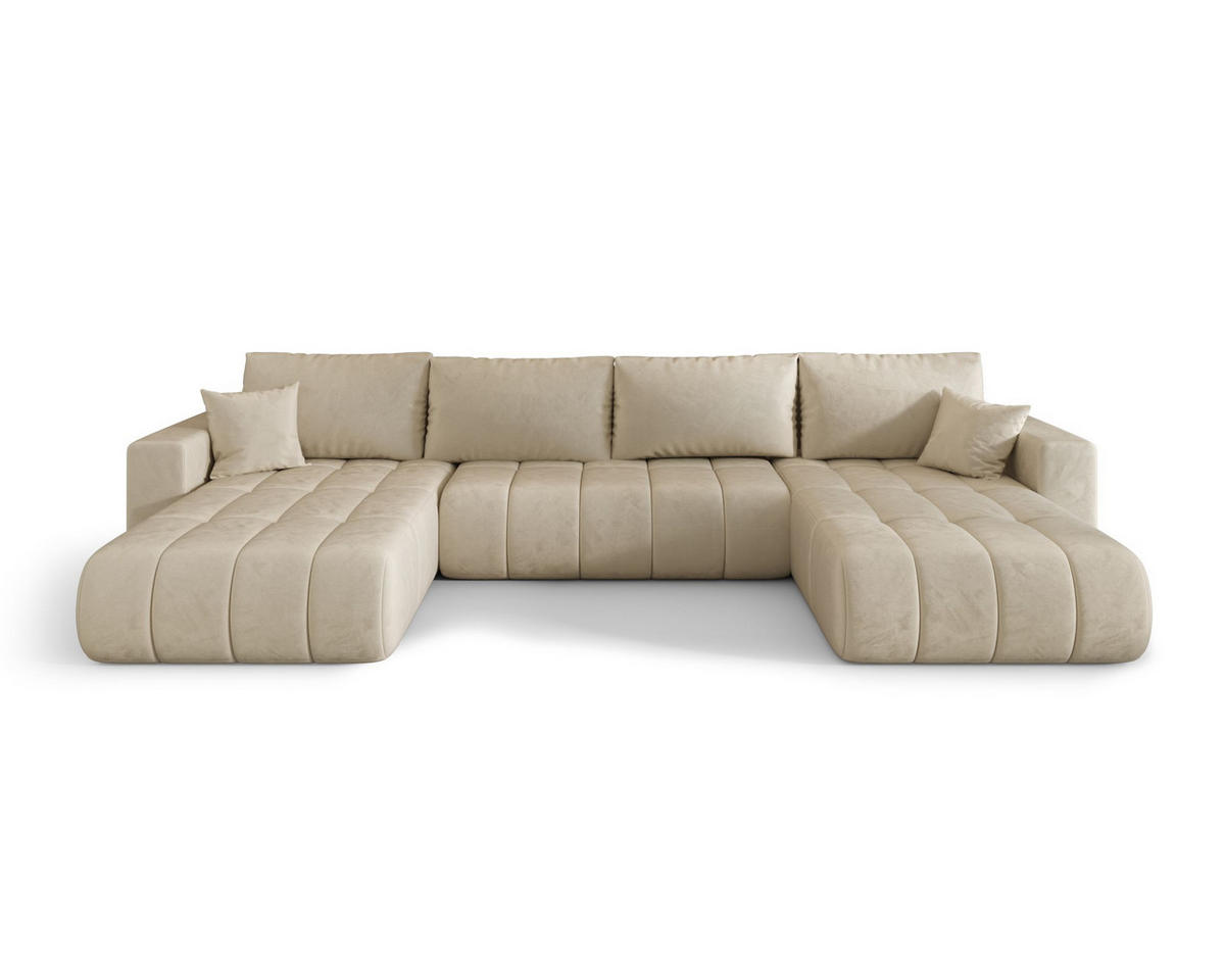 ECKSOFA LARA PREMIUM U-Form beige Velours Monolith 2 - Schlaffunktion, Bettkasten - Beige, Textil (385/175cm) - Cornero