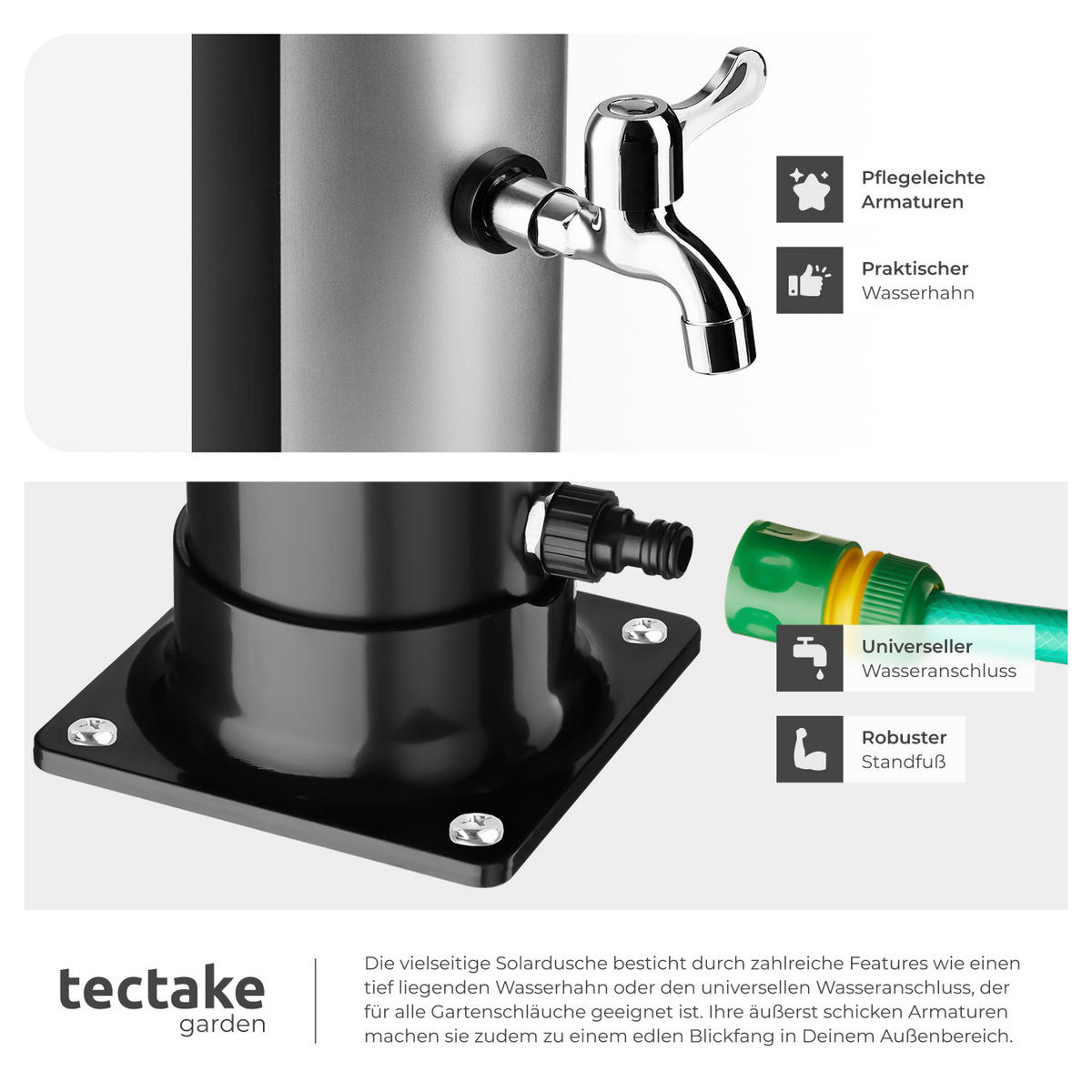 SOLARDUSCHE Orinoco,inklusive Wasserhahn,schwarz/silber - Silberfarben/Schwarz, Kunststoff (19.5/222/47cm) - tectake