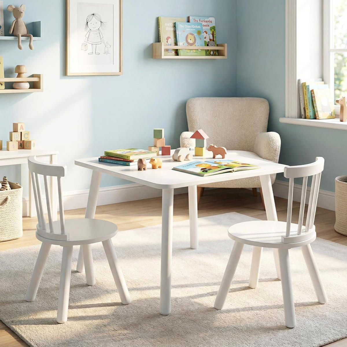 KINDERTISCH mit 2 Stühlen weiß(3-tlg) - Weiß, Holzwerkstoff (60/43.5/60cm) - COSTWAY