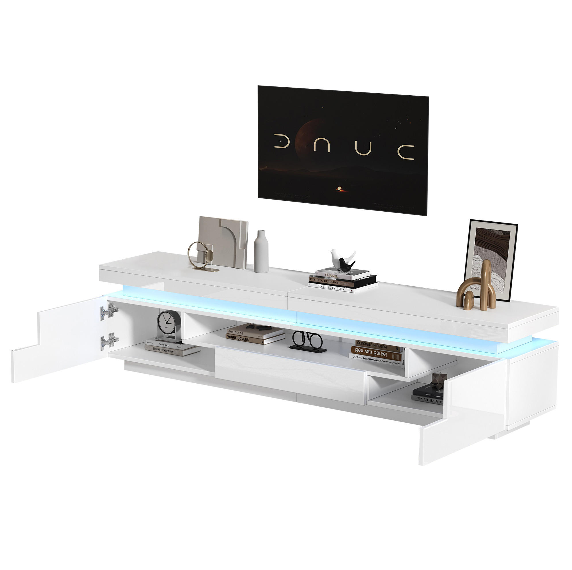 Redom TELEVIZNÍ stolek 175/38/45 cm s LED osvětlením, 2 skříňkami, zásuvkou a polootvoreným úložným prostorem, Bílá