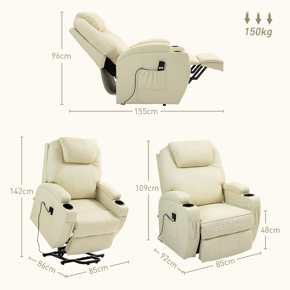 FERNSEHSESSEL mit Aufstehhilfe Elektrisch Relaxsessel mit Liegefunktion Creme - Creme/Schwarz, Leder/Kunststoff (92/109/85cm) - HOMCOM