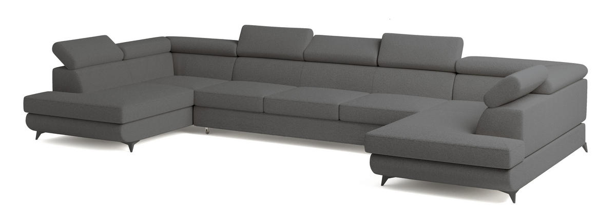 WOHNLANDSCHAFT URMANO Grau Boucle-Stoff mit Schlaffunktion - Grau, Holz (395/89/190cm) - MASSENO