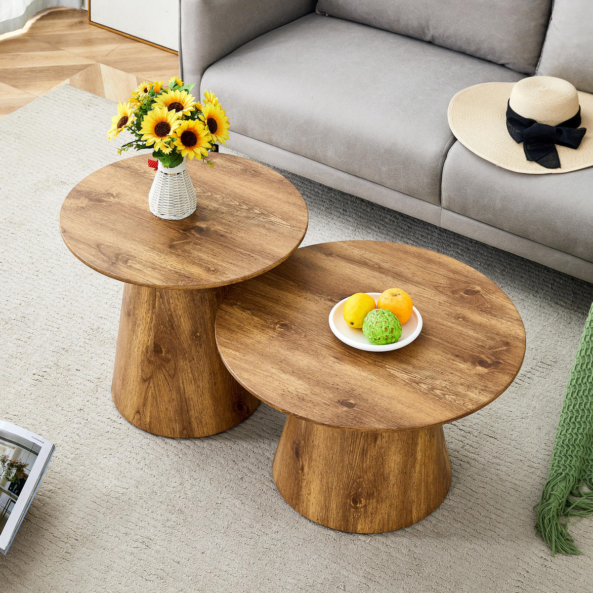 BEISTELLTISCH-SET rund aus MDF in Holzoptik, 50/48 cm & 60/35 cm - Naturfarben, Holzwerkstoff (50/50/48cm) - BEAOK
