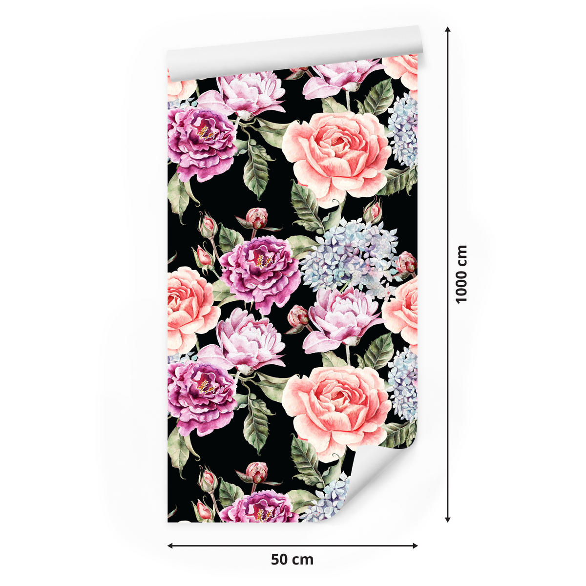 VLIESTAPETE Rosen und Pfingstrosen – Rosa, Grün, Schwarz – 50x1000 cm - Schwarz/Rosa, Papier (50/1000cm) - Muralo