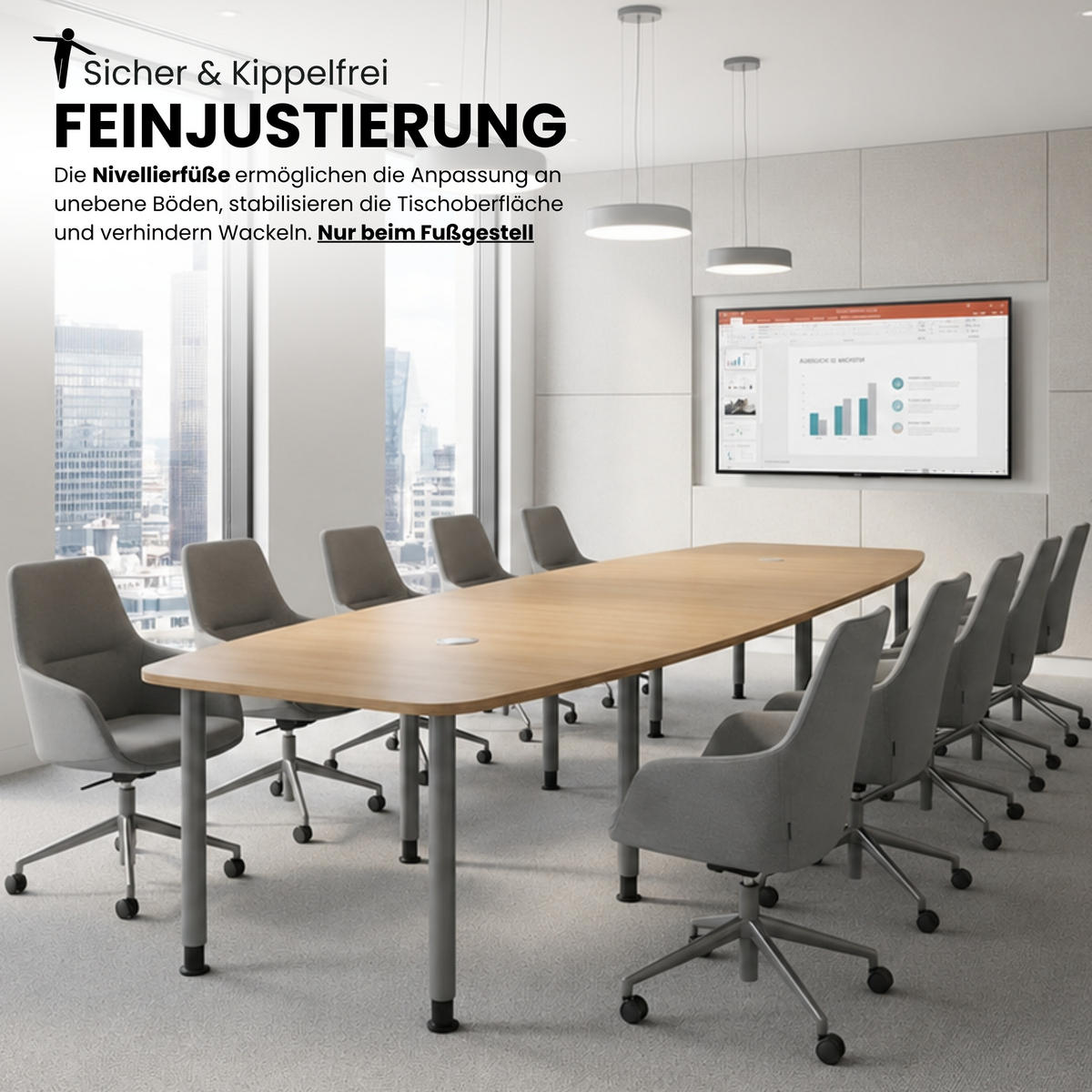 KONFERENZTISCH groß KT40 130/400/74 cm in Grau/Säule in Silberfarben - Silberfarben/Grau, Holzwerkstoff (130/400/74cm) - bümö