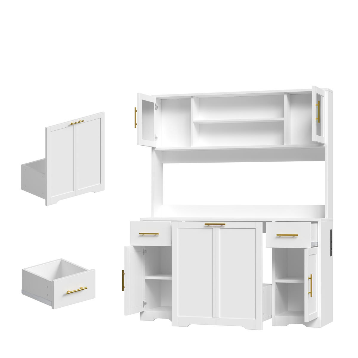 KÜCHENBUFFET 140x40x173 cm, 2 Schubladen, ausziehbarer Müllschrank, LED-Beleuchtung, 2 USB-Anschlüsse, Glastüren, verstellbare Einlegeböden, Weiß - Weiß, Holzwerkstoff (140/173/40cm) - FOHERE