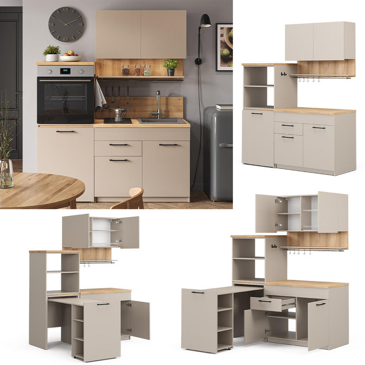 SINGLEKÜCHE Egbert Greige 160 cm mit ausziehbarem Tisch - Honigeiche/Greige, Holzwerkstoff (160/81.6/60cm) - Vicco