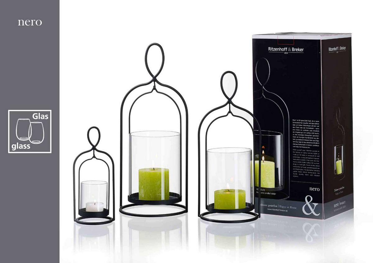 WINDLICHTER-SET Nero schwarz-transparent 3er Set - Transparent/Schwarz, Glas/Metall (2/2/2cm) - Ritzenhoff Breker