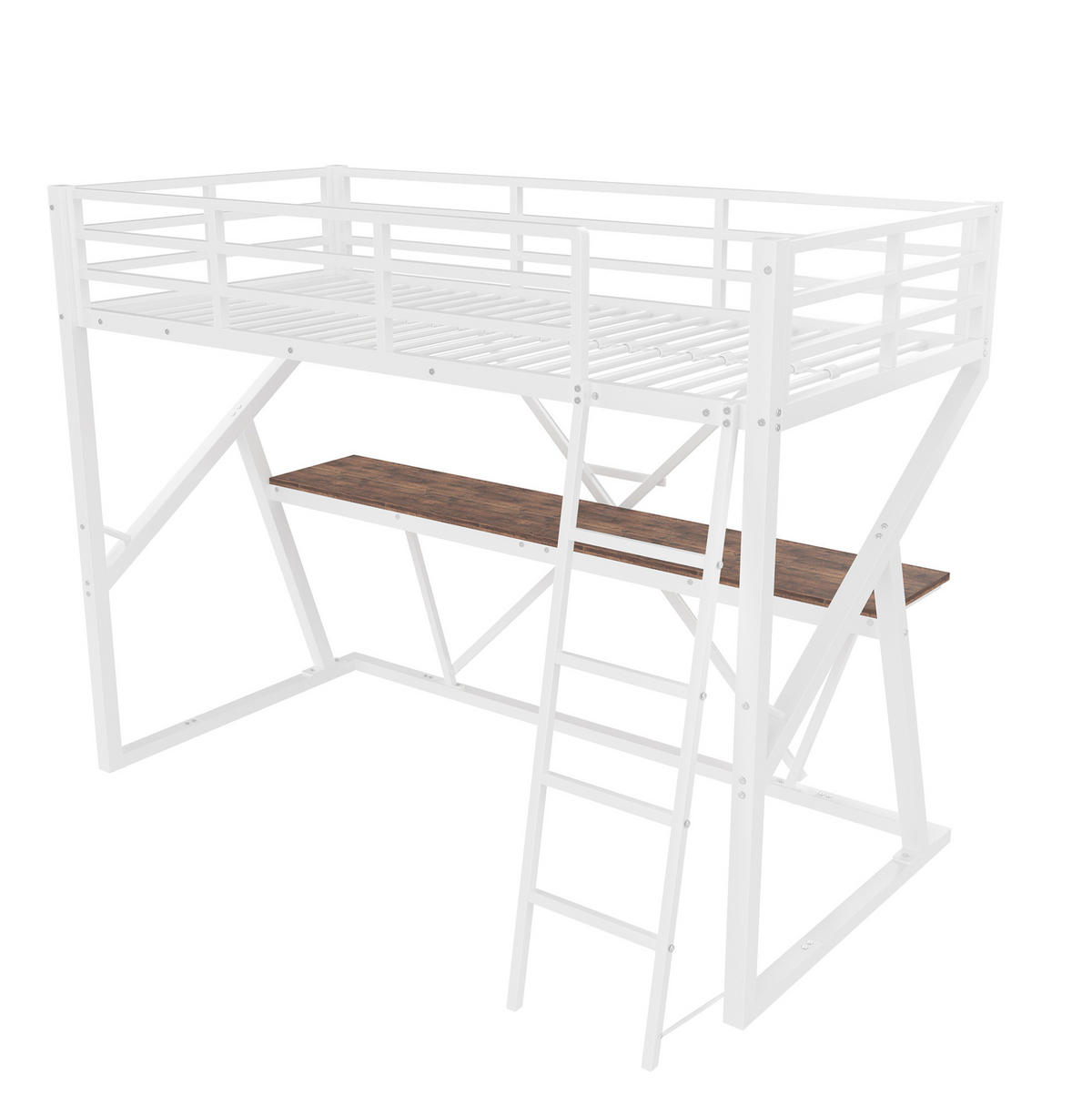 HOCHBETT aus Metall und MDF 90x200 cm Weiß mit LED-Leiste, Schreibtisch, Leiter und Rundum-Geländer - Weiß, Metall (90/200cm) - Modfu