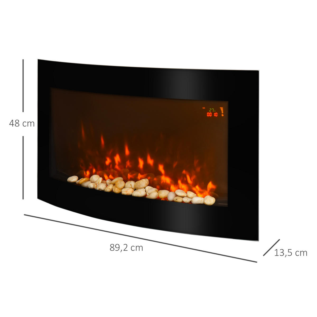 ELEKTROKAMIN Kaminofen Kamin Wandkamin mit Fernbedienung 2 Maße LED Licht - Schwarz, Metall (13.5/48/89.2cm) - HOMCOM