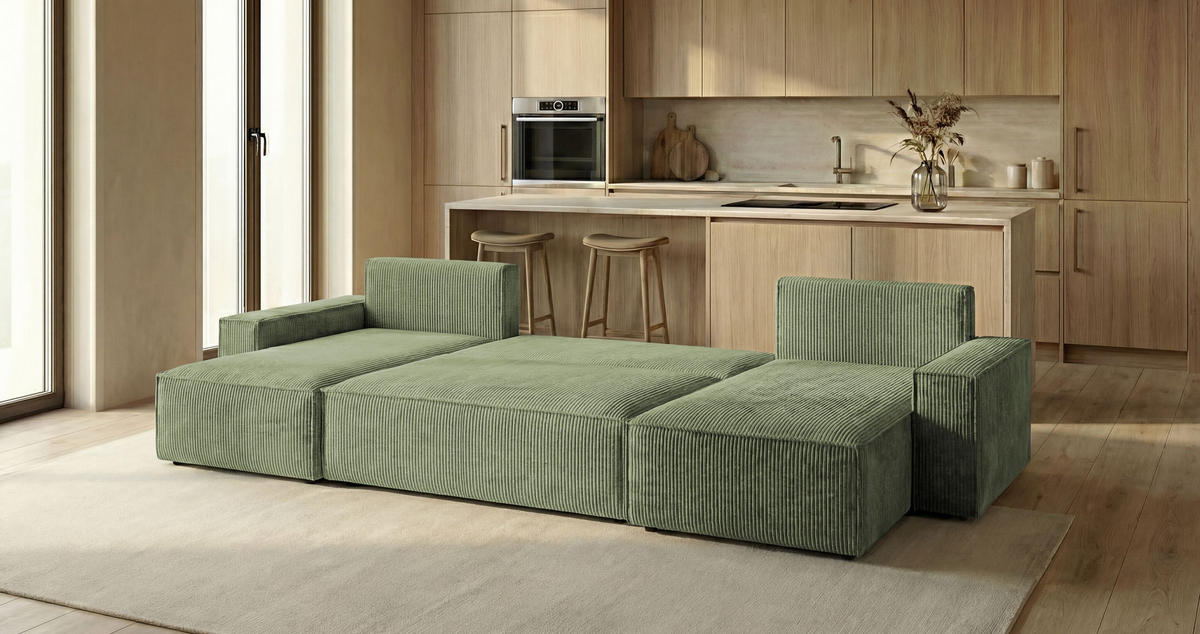 WOHNLANDSCHAFT CALIFORNIA MINI U-Form hellgrün Cord Poso 47 - Schlaffunktion, Bettkasten - Hellgrün, Textil (312/85/142cm) - Cornero