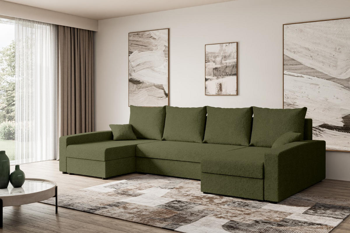WOHNLANDSCHAFT mit Schlaffunktion und Bettkasten ALESIA-U 301x140x90 cm Grün Bouclé - Silberfarben/Grün, Holzwerkstoff/Kunststoff (301/90/140cm) - ALTDECOR