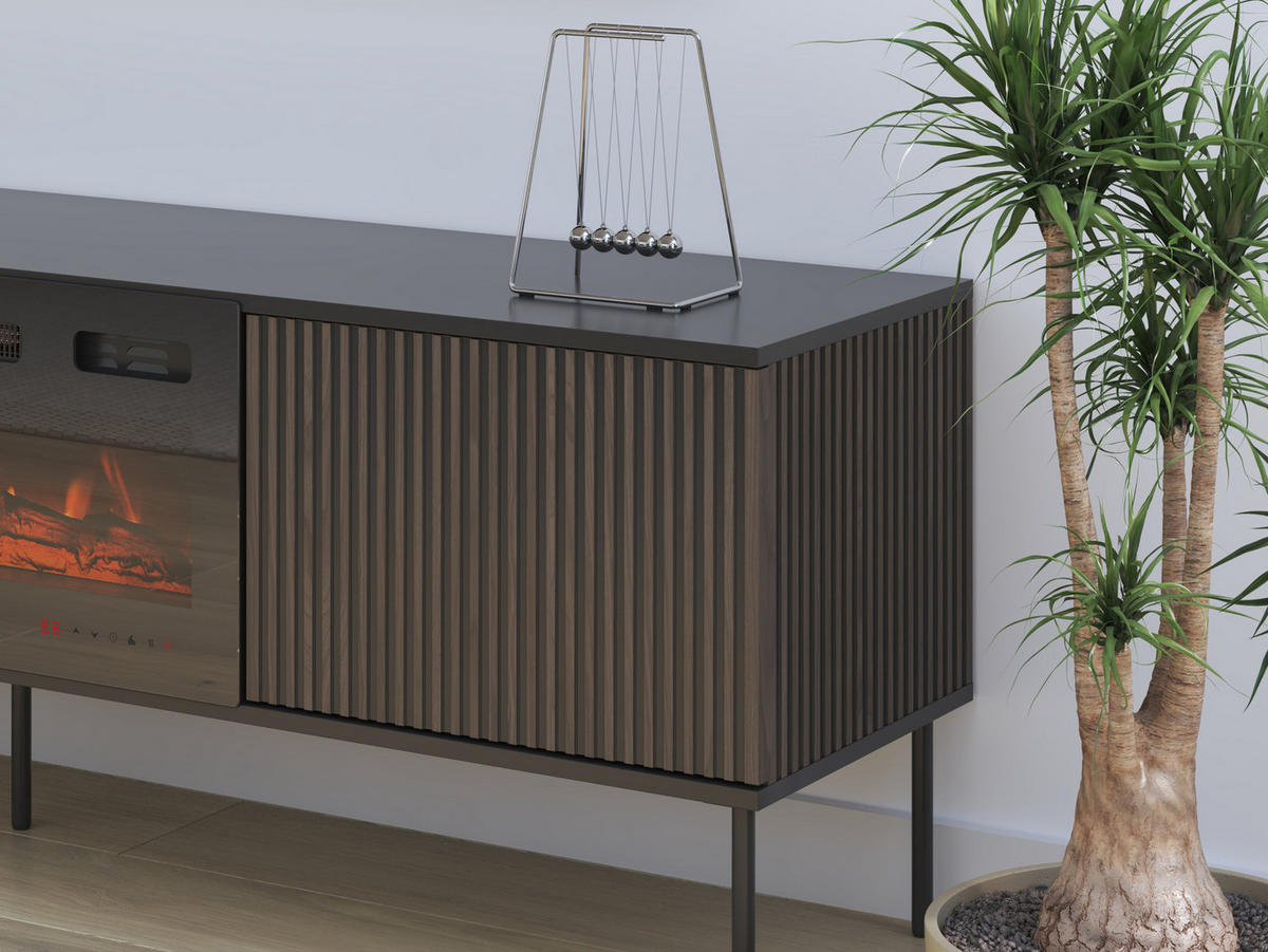 TV-LOWBOARD 180 Notte 05 mit Kamin - Nussbaumfarben/Schwarz, Holzwerkstoff/Metall (182/57/39cm) - MIRJAN24