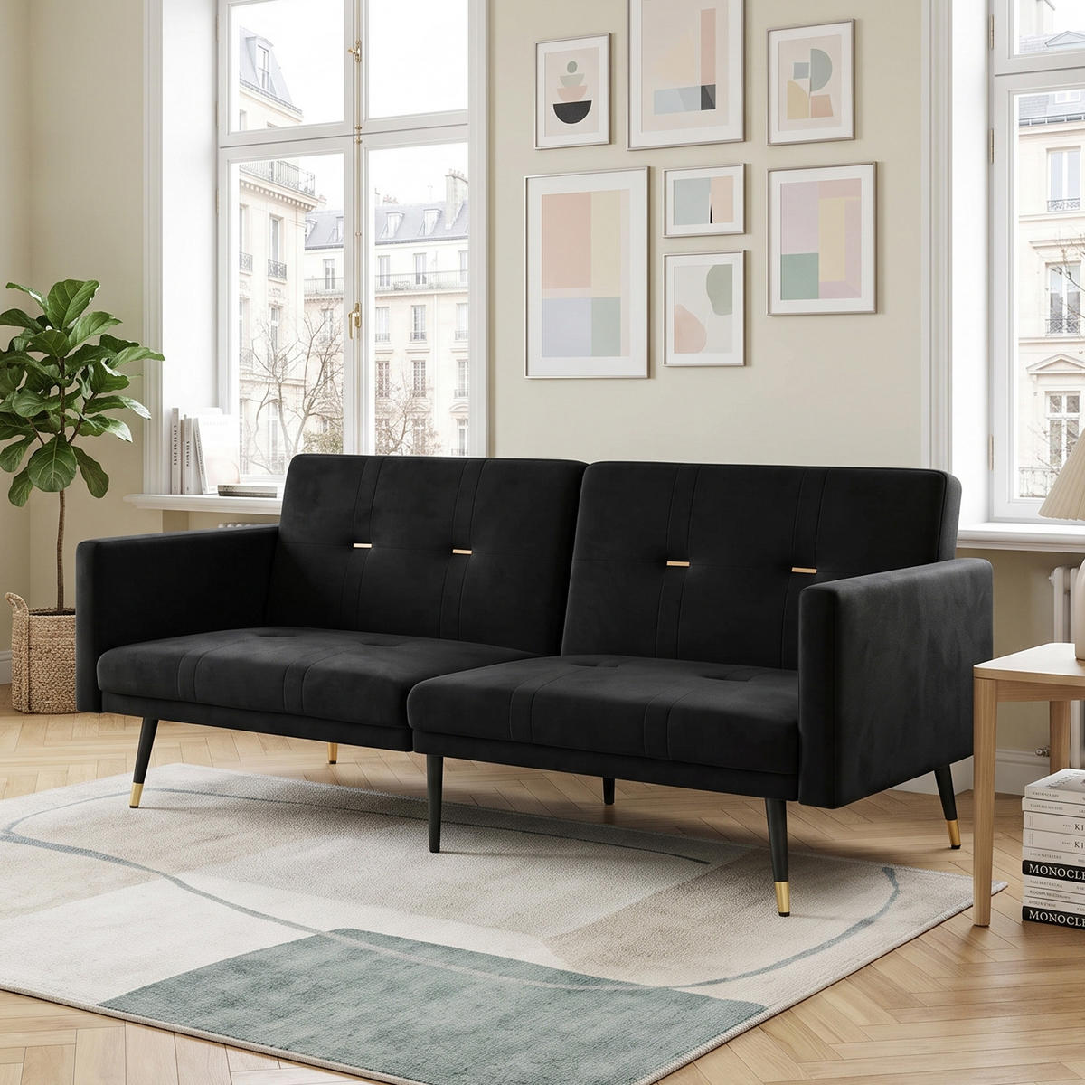 BÄDDSOFFA 2-sits sammet fällbar med gästsängsfunktion - Svart, Textil (164/70/89cm) - Urban Meuble