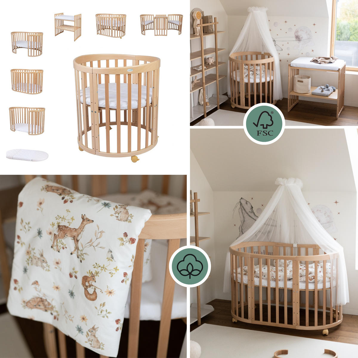 BABYBETT NATUR OVAL 7in1 mit Matratze und Himmelset - Multicolor/Naturfarben, Holz/Textil