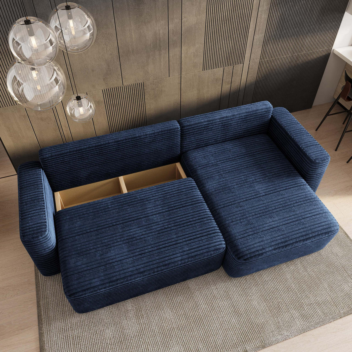 ECKSOFA TELIN Blau Kordstoff mit Schlaffunktion - Blau, Holz (280/162cm) - MASSENO