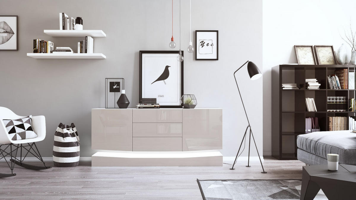 SIDEBOARD City Fronten in Sandgrau Hochglanz - Sandfarben, Holzwerkstoff (178/82/39cm) - Vladon