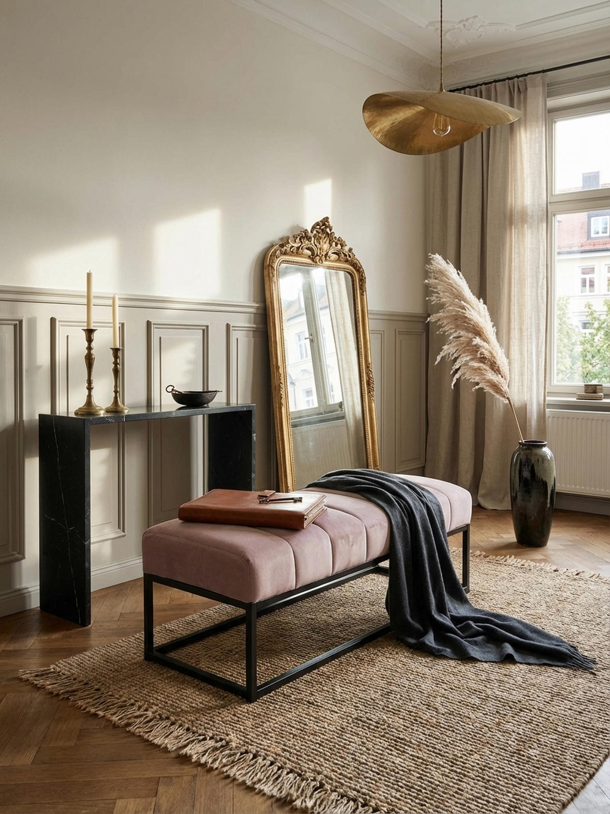 SITZBANK Samt Metallgestell gepolstert, Rosa 108x40x40 cm - Pink/Schwarz, Textil/Metall (108/40/40cm) - KADIMA DESIGN